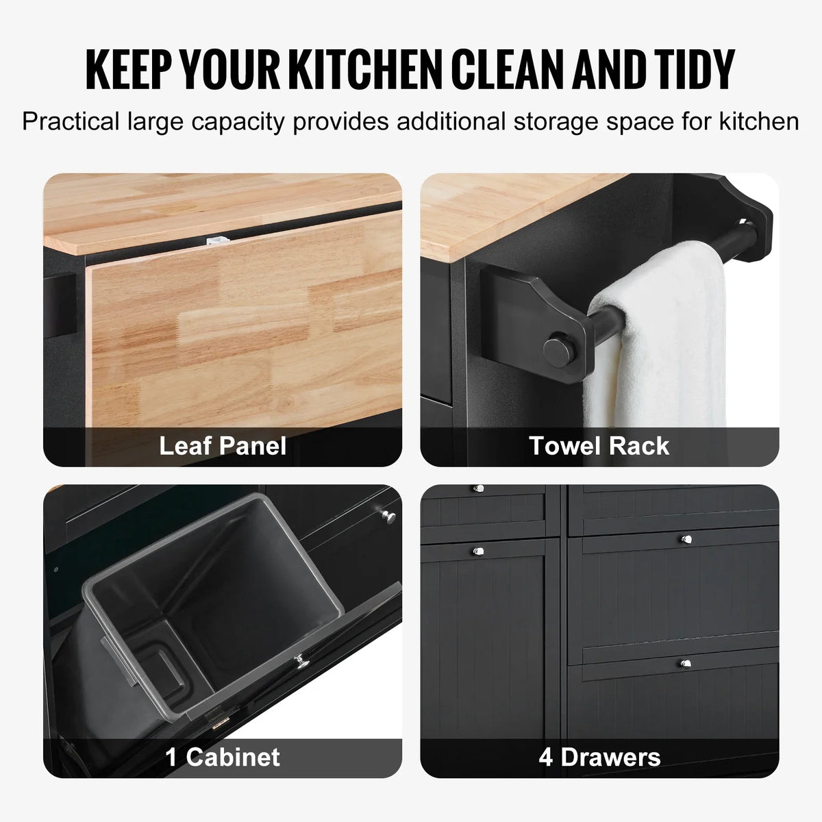 Kitchen Island Cart Breakfast Bar with Trash Cabinet Tilt Out Storage Farmhouse Dining Living Room Table with Drop Leaf