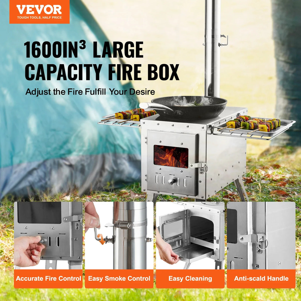Wood Stove 86 inch Stainless Steel Camping Tent Stove Portable Wood Burning Stove with Chimney Pipes & Gloves with 8 Pipes