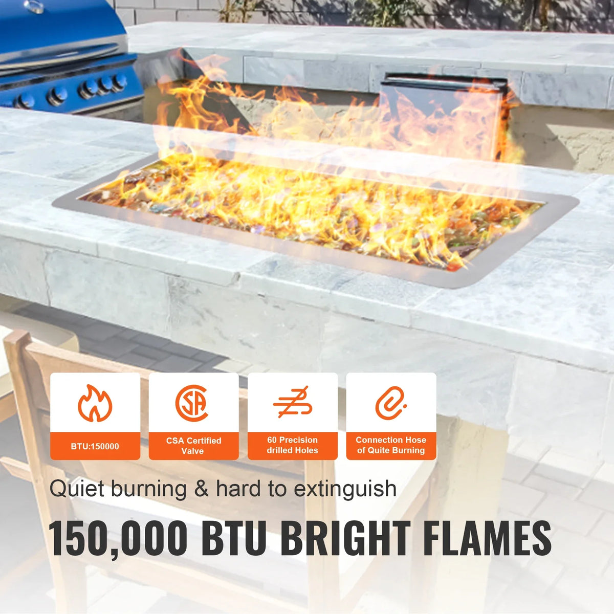 36 x 12 inch Drop-in Fire Pit Pan Rectangular Stainless Steel Fire Pit Burner Natural & Propane Gas Fire Pan 150,000 BTU