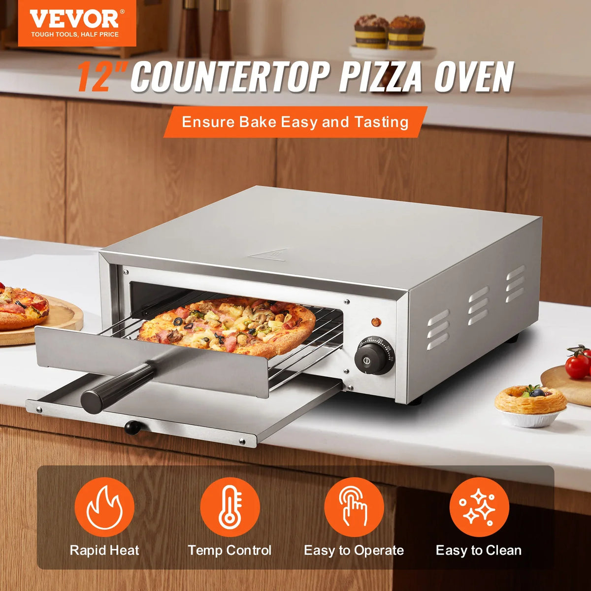 Countertop Electric Pizza Oven,12-inch,1500W,122-662℉ Temp Range,Stainless Steel Construction and Easy-to-Clean Crumb Tray