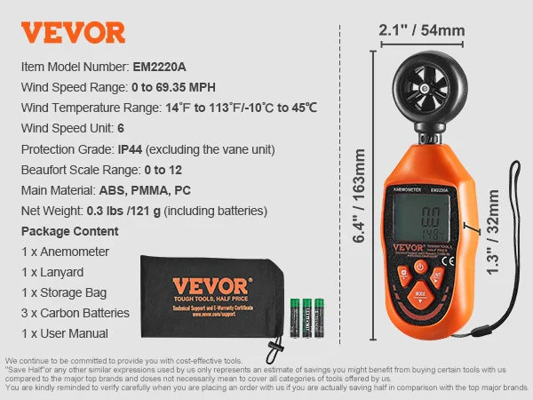 Handheld Anemometer 14℉-113℉ / 14℉-140℉ Digital Wind Speed Meter Gauge with LED Backlight Screen, Measures Wind Velocity
