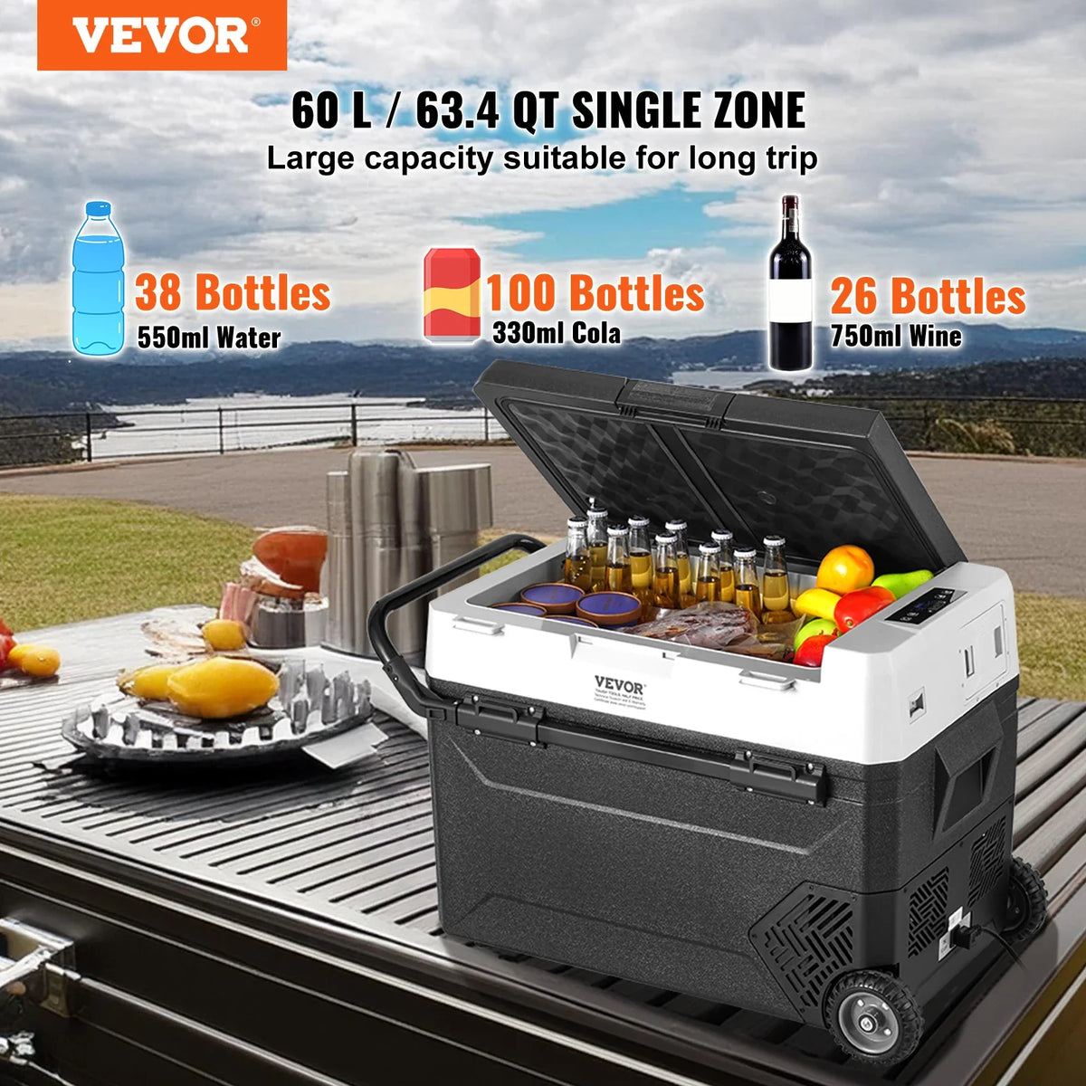 60L Car Refrigerator, 12V Car Fridge,Single Zone Portable Freezer, -4℉-68℉ Adjustable, Compressor Cooler for Home, Outdoor