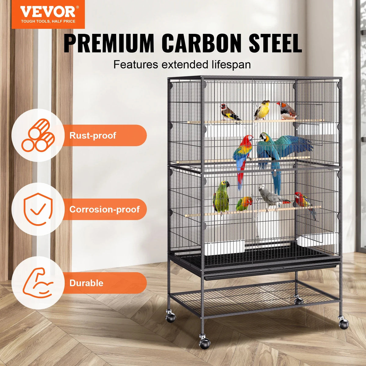 52/54 inch Standing Large Flight Bird Cage Carbon Steel Parakeets Cages with Rolling Stand and Tray for Cockatiels Parrots