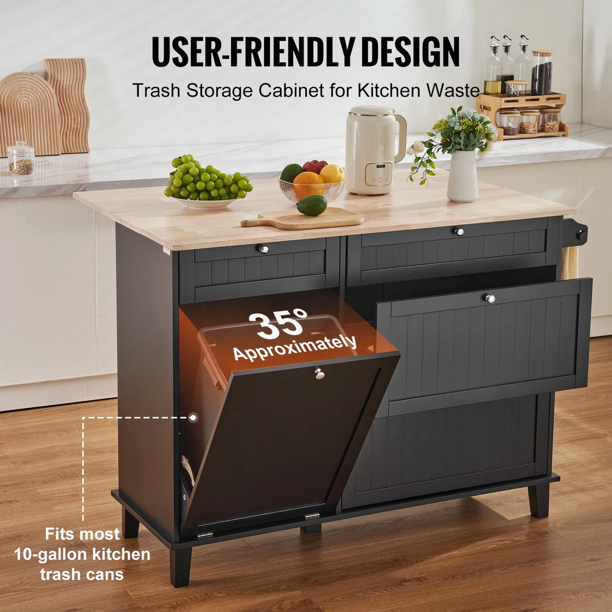 Kitchen Island Cart Breakfast Bar with Trash Cabinet Tilt Out Storage Farmhouse Dining Living Room Table with Drop Leaf