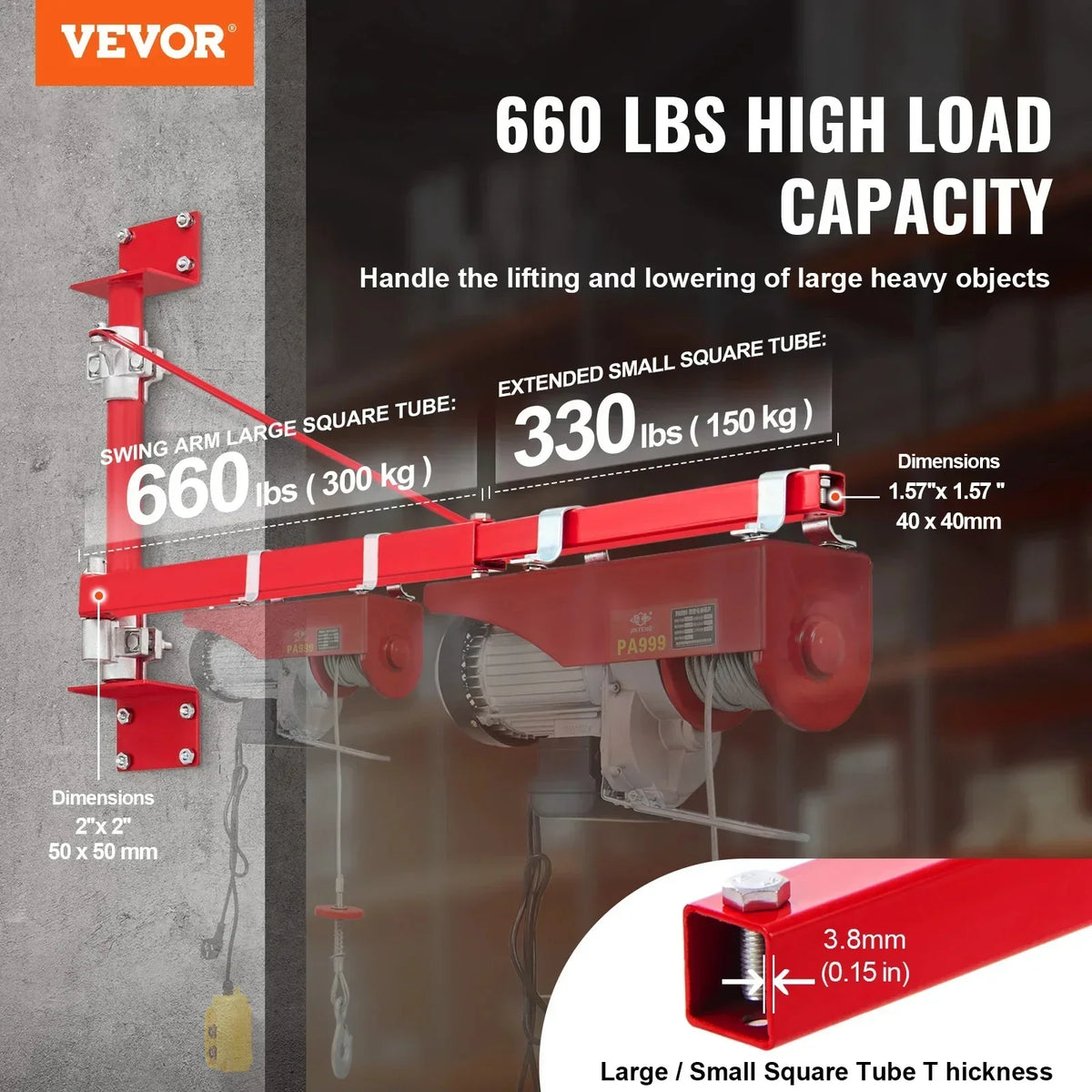 Electric Hoist Support Arm Swing Holder with Pole Steel Hoist Frame 180° Scaffold Winch Lifting Arm for Workshop Garage