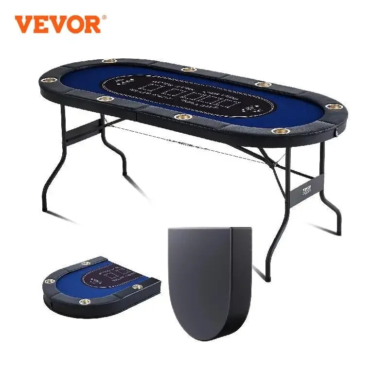 8 Player Foldable Poker Table Blackjack Texas Holdem with Padded Rails and Stainless Steel Cup Holders Blue for Party Game
