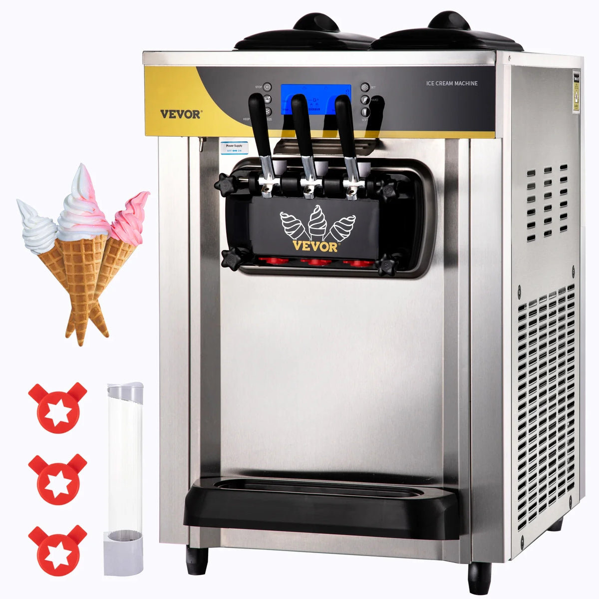 Commercial Ice Cream Maker, 22-30L/H Yield, 2200W Countertop Soft Serve Machine w/ 2x6L Hopper 2L Cylinder LCD Panel