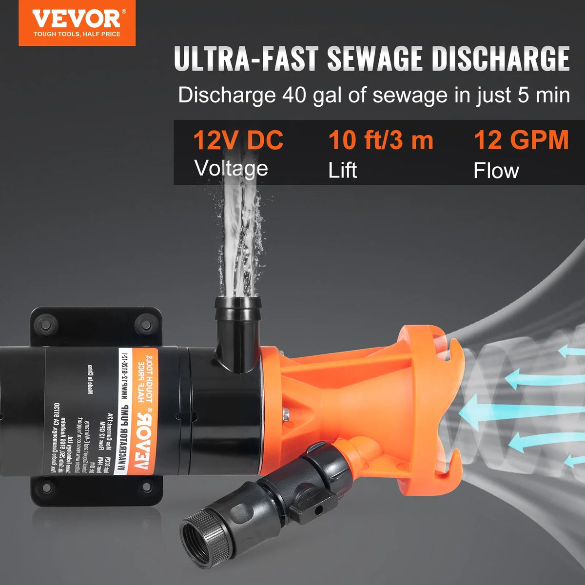 RV Portable Macerator Pump 12V 12GMP with Detachable Quick Connection Valve Metal Hose Clamp Power Cord for RV Motorhome