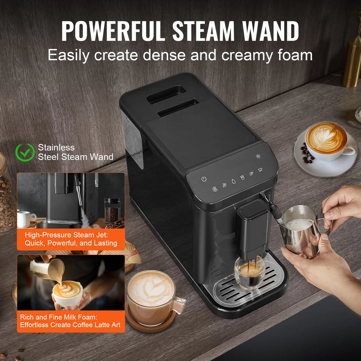 Automatic Espresso Machine,20 Bar Auto Coffee Machine w/Frother Steam Wand,Built-In Grinder and 15-Level Grinding Settings