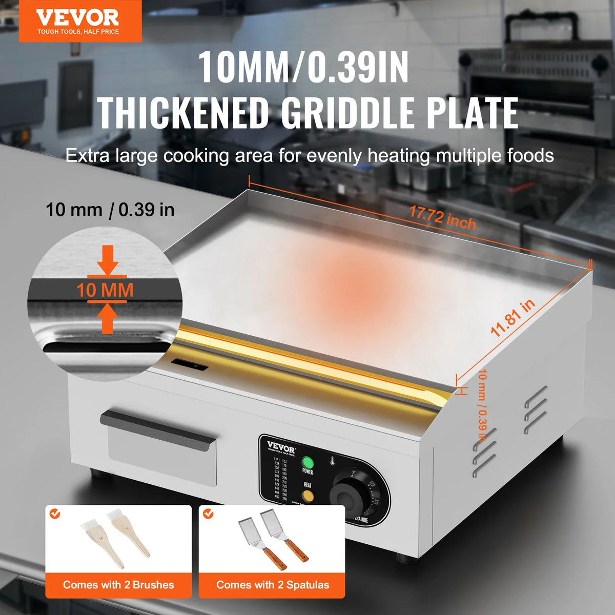Commercial Electric Griddle 1700W Countertop Flat Top Grill 122℉-572 ℉ Adjustable Temprature Stainless Steel Griddle Grill