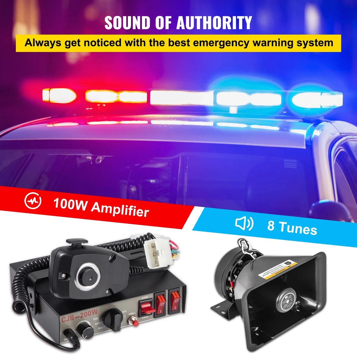 100 / 200W 12V DC Car Alarm Professional PA System 8 Kinds of Warning Sounds with Handheld Mic for All Specific Vehicles