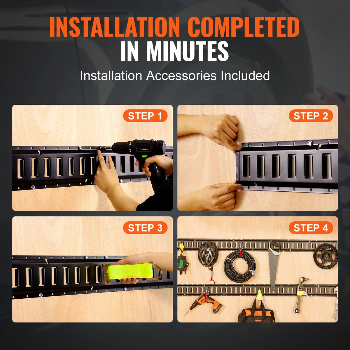 E Track Tie Down Rail Kit 2' Steel Rails 4 Pack Secure Cargo Etrack Rails for Garages Trailers Motorcycle Tie Downs