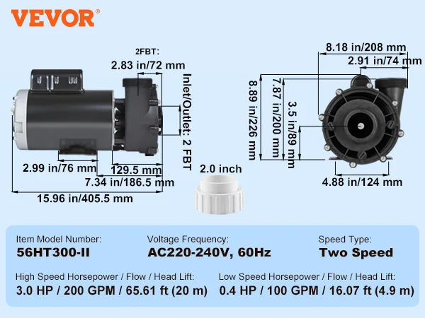 2 Speed SPA Pump 48/56-Frame AC 110-120V SPA Pump 1.5HP/3HP/4HP High Speed 2'' Port 90° Rotational Interface for Hot Tub