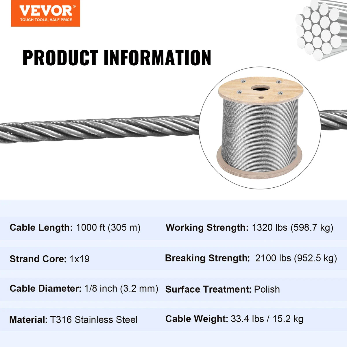 316 Stainless Steel Cable 1/8" Steel Cable Wire Rope 150/300M Cable Railing Transport Wire Rope Cable for Railing Decking
