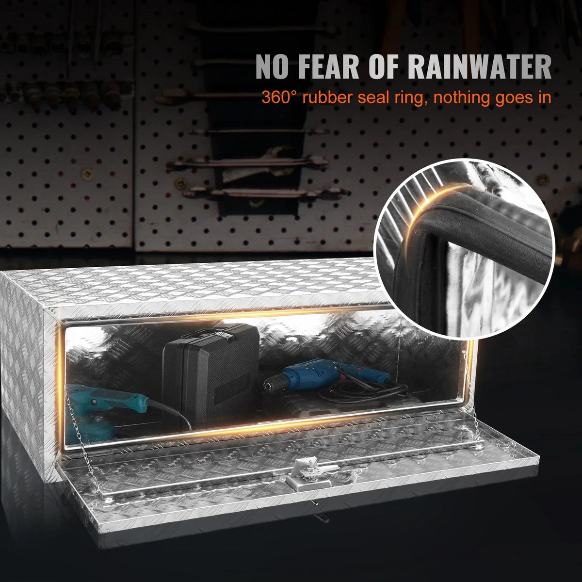 Pickup Storage Box, Heavy Duty Aluminum Diamond Plate Tool Box with Lock and Keys,  for Truck, Van, Trailer