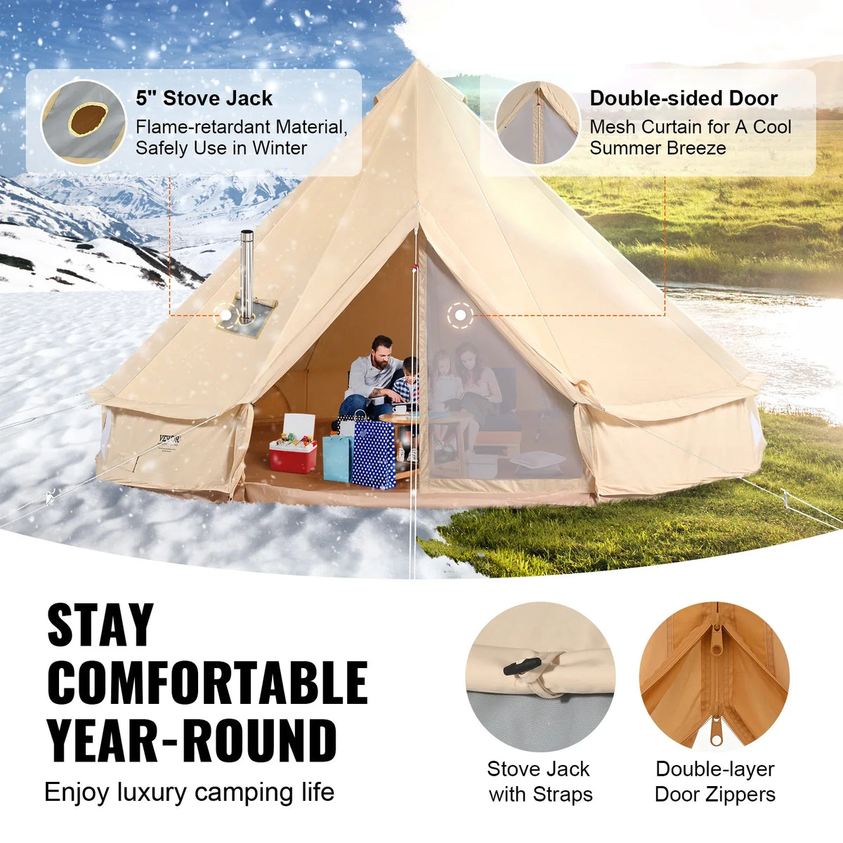 Canvas Bell Tent 4 Seasons 3/4/5/6/7m Yurt Tent Canvas Tent for Camping with Stove Breathable Tent Holds up to 8 People