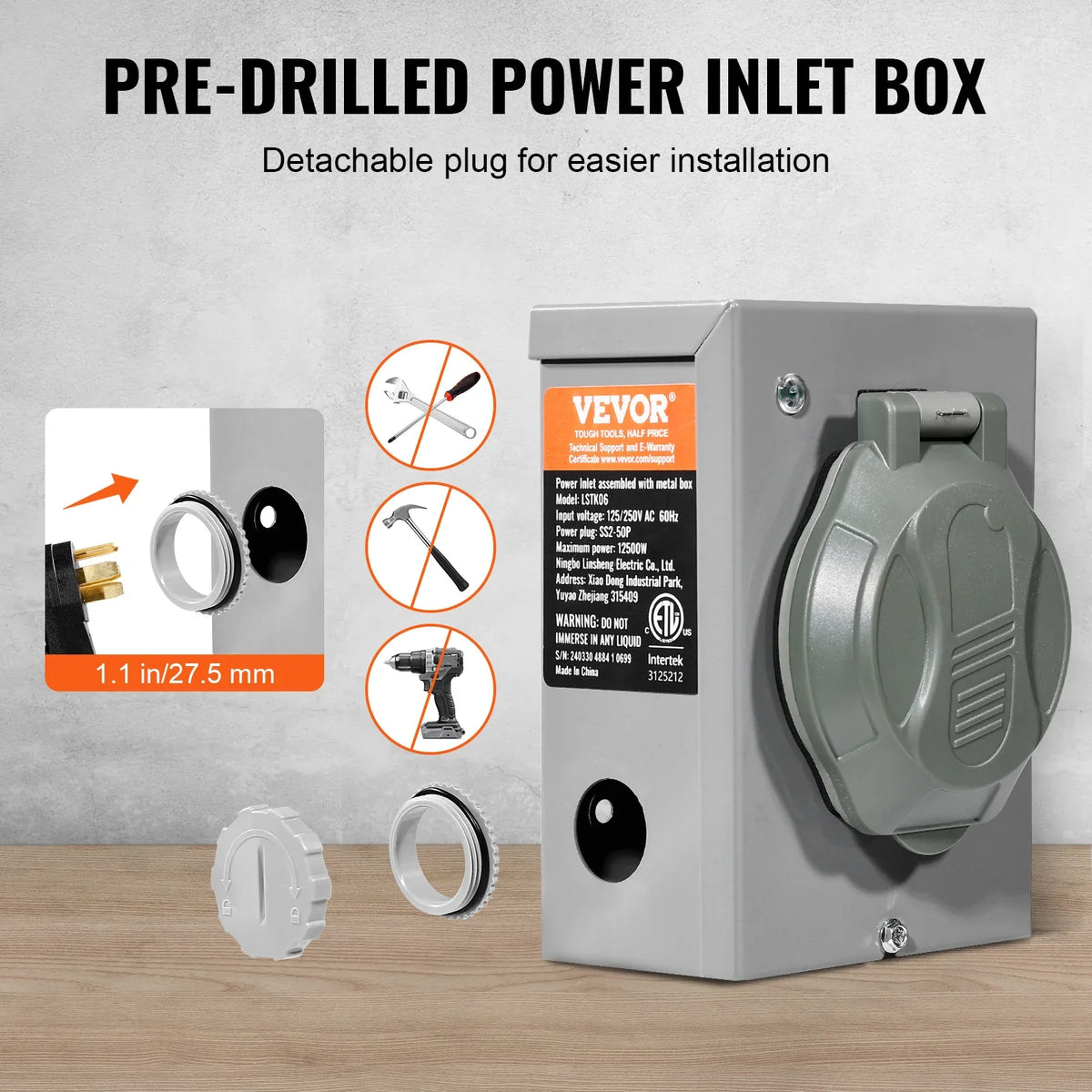 50Amp Generator Cord & Power Inlet Box Kit NEMA 14-50P/SS2-50R STW 6/3+8/1 AWG Power Cord with Twist Lock Connector for RV