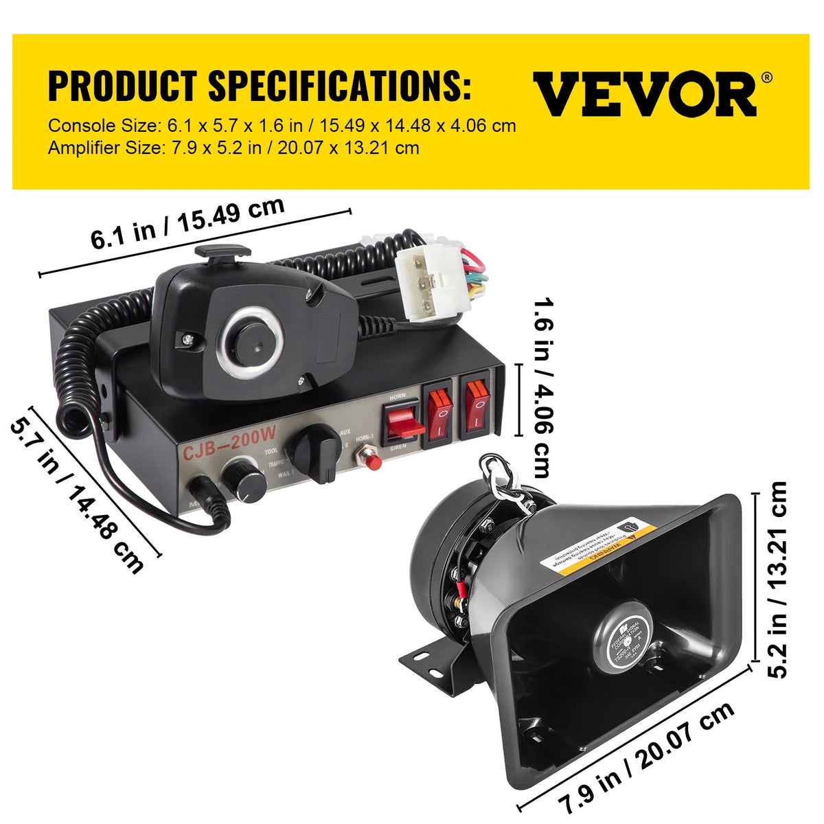 100 / 200W 12V DC Car Alarm Professional PA System 8 Kinds of Warning Sounds with Handheld Mic for All Specific Vehicles