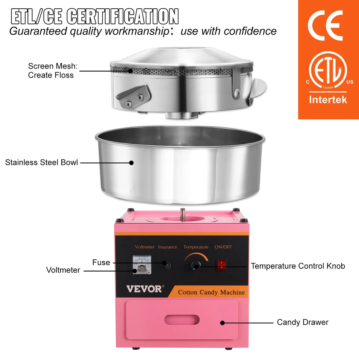 Electric Cotton Candy Machine Commercial Floss Maker with Stainless Steel Bowl Sugar Scoop and Drawer for Birthday Party