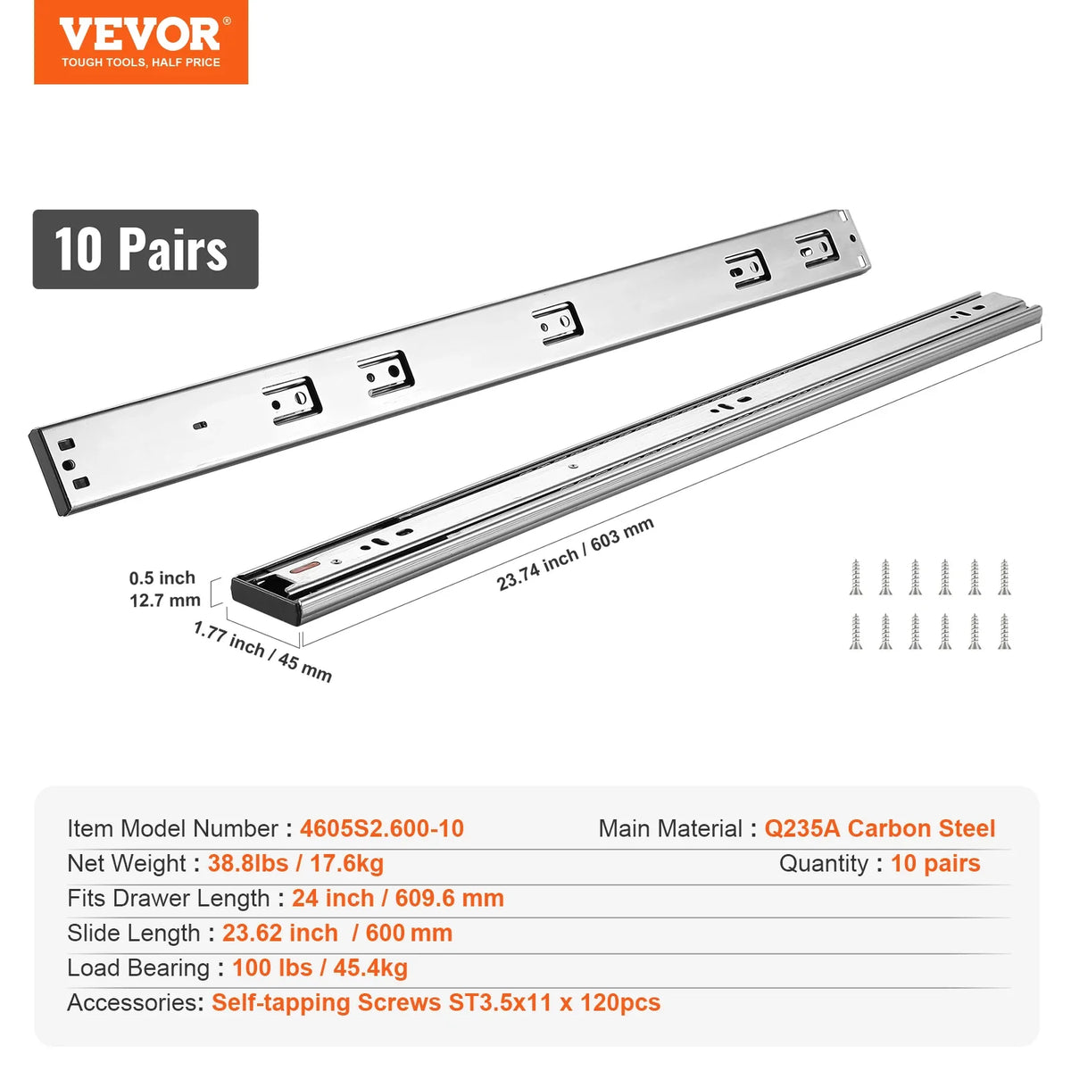 Drawer Slides Side Mount Rails Heavy Duty Full Extension Steel Track Noiseless Guide Glides Cabinet 100 Lbs Load Capacity