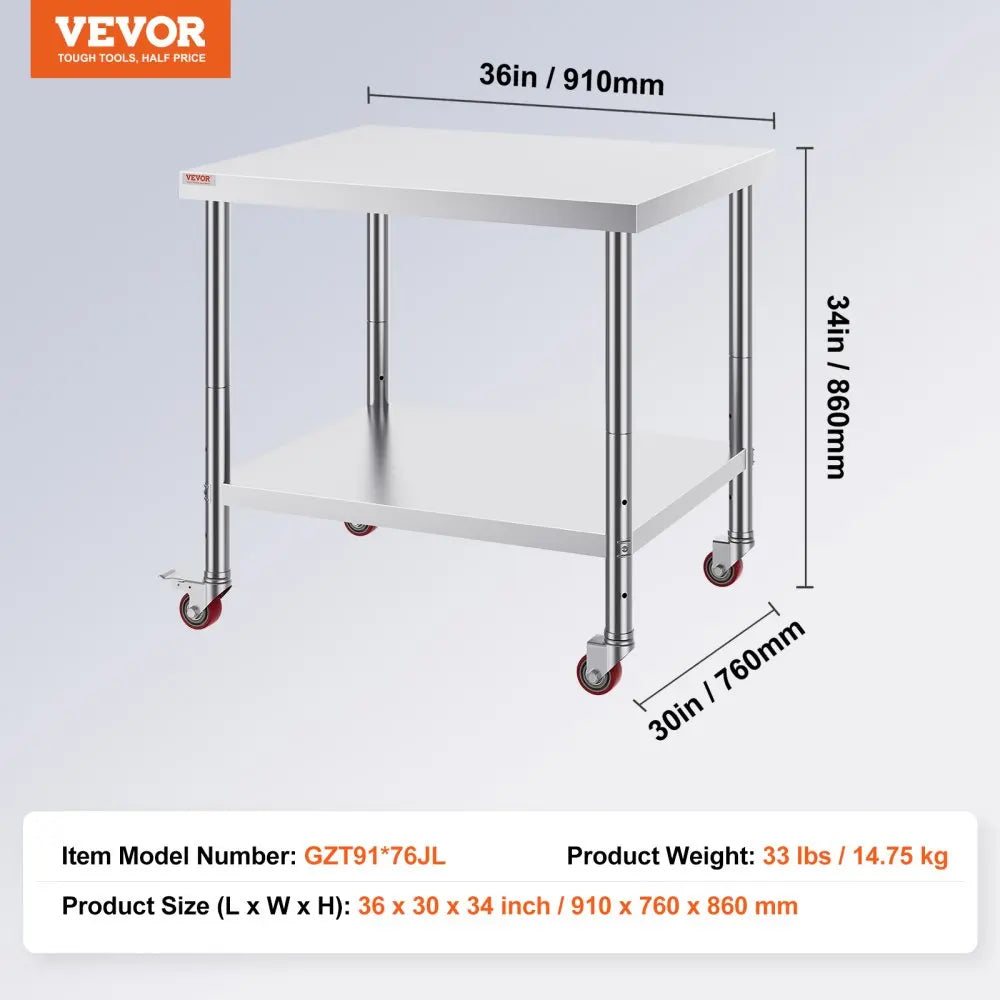 Stainless Steel Work Table 700 LBS Load Capacity with 4 Wheels Heavy Duty Food Prep Worktable