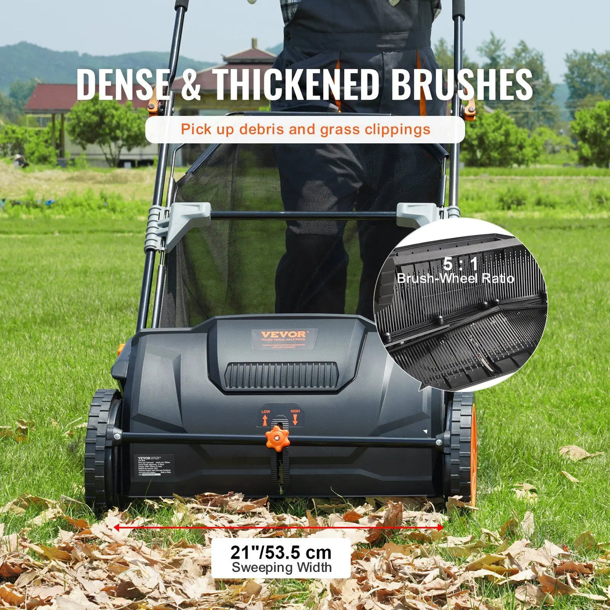 Push Lawn Sweeper, 21-inch Leaf & Grass Collector, Strong Rubber Wheels & Heavy Duty Thickened Steel Durable to Use with L