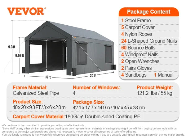 Carport 10x20ft/12x20ft Heavy Duty Car Canopy Waterproof Garage with Roll-up Ventilated Windows & Removable Sidewalls