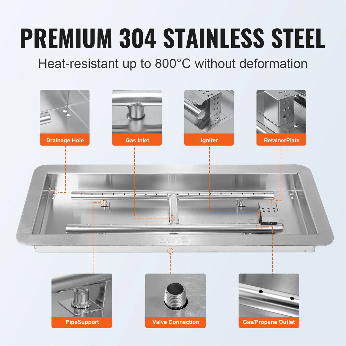 36 x 12 inch Drop-in Fire Pit Pan Rectangular Stainless Steel Fire Pit Burner Natural & Propane Gas Fire Pan 150,000 BTU