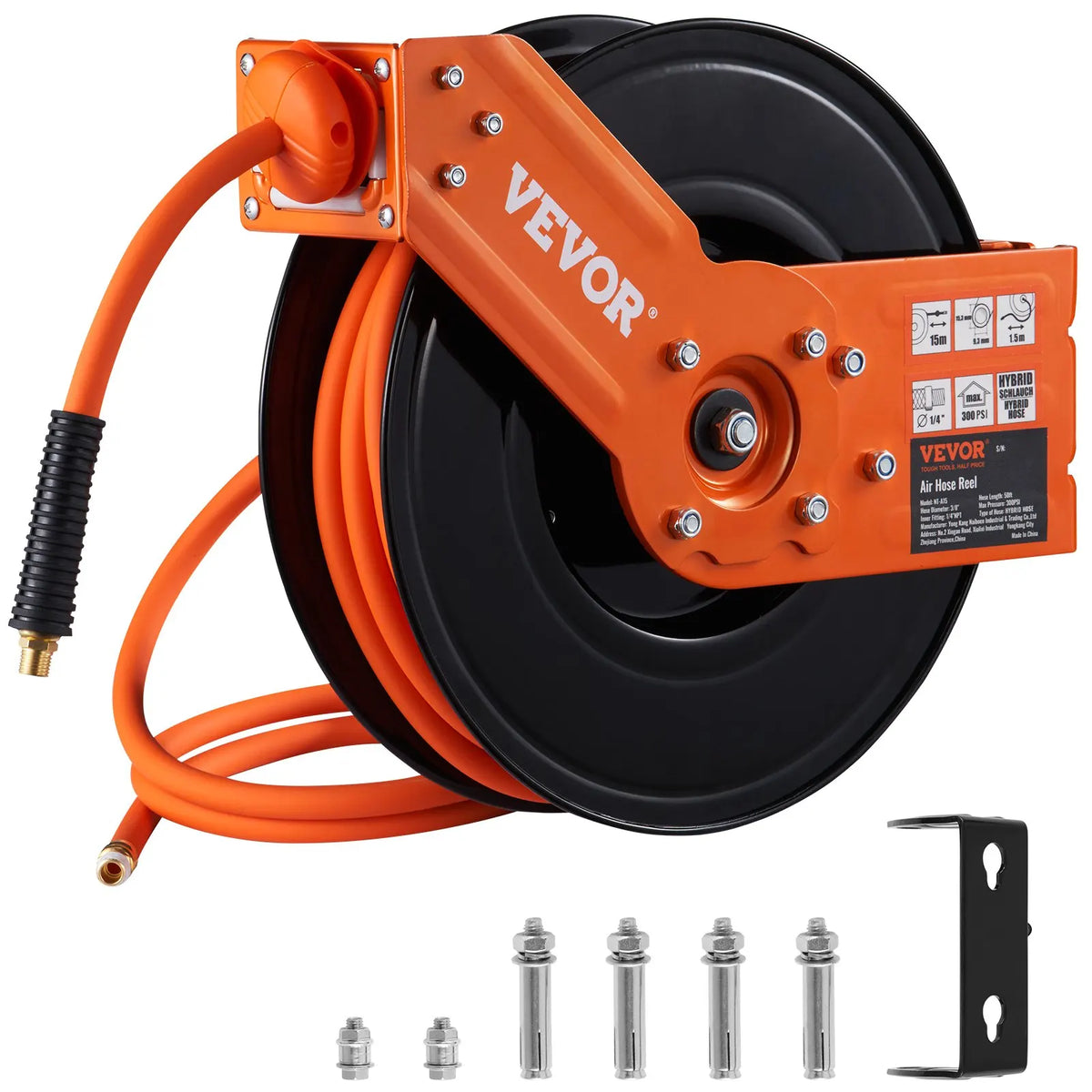 Retractable Air Hose Reel 50 FT Hybrid Air Compressor Hose Reel 5 In Wall Mount Heavy Duty Double Arm Stainless Steel Reel