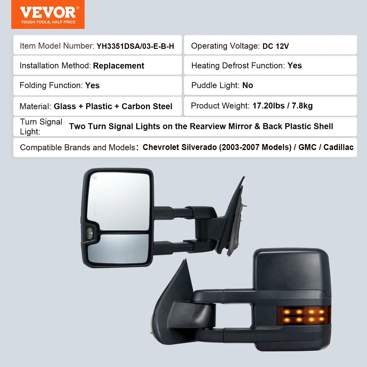 Pair Towing Mirrors Power Heated with Signal LED Driving Light Tow Mirror for Chevrolet Silverado (2003-2021)/GMC/Cadillac