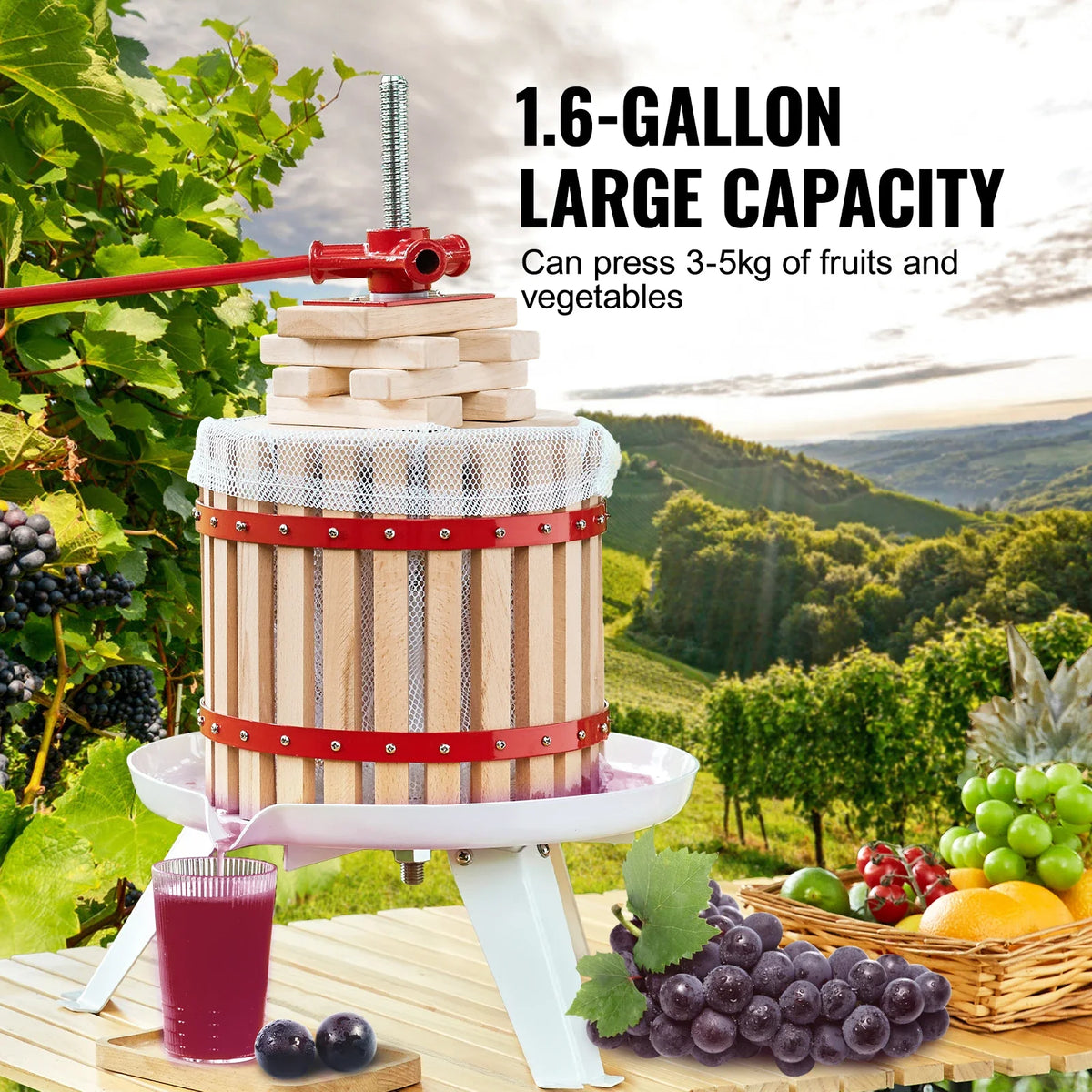 6L 12L 18L Fruit Wine Press,Solid Wood Basket,Manual Juice Maker,Apple Grape Making Press w/ Pole Handle Bar,for Kitchen