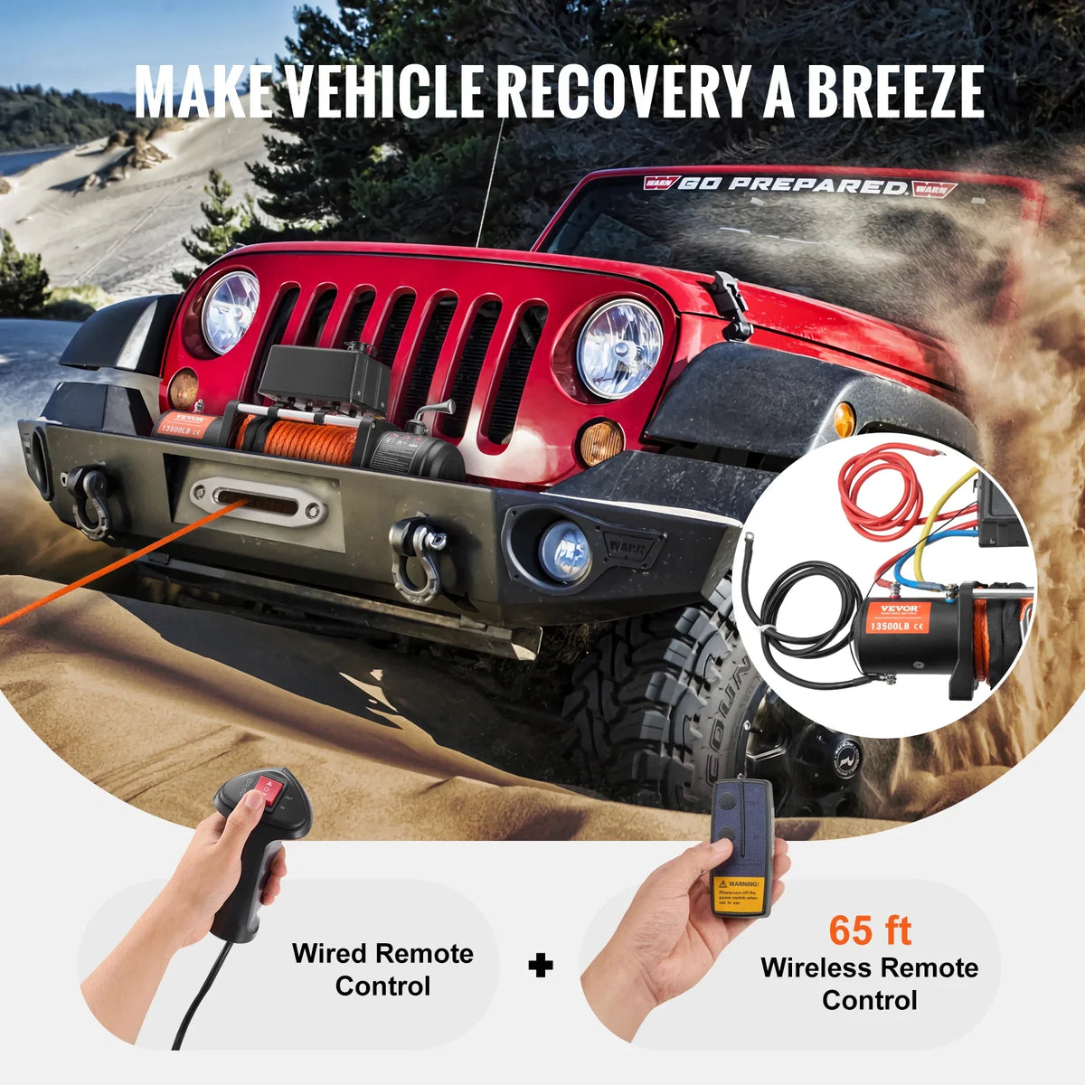 Electric Winch 13500lbs with 3/8in 80ft Synthetic Rope Wireless Truck Winch IP55 Waterproof for Towing Off-Road SUV Jeep