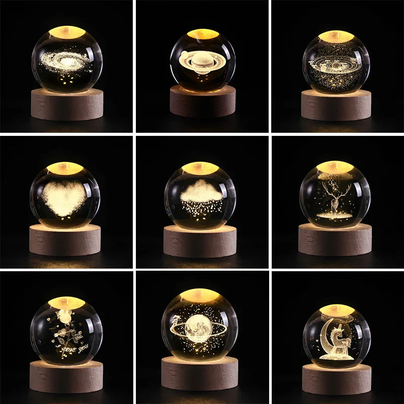 Luminous Crystal Ball LED Night Light Saturn Solar System 3D Moon Table Lamp USB Bedroom Atmosphere Lamp for Birthday Kid Gift