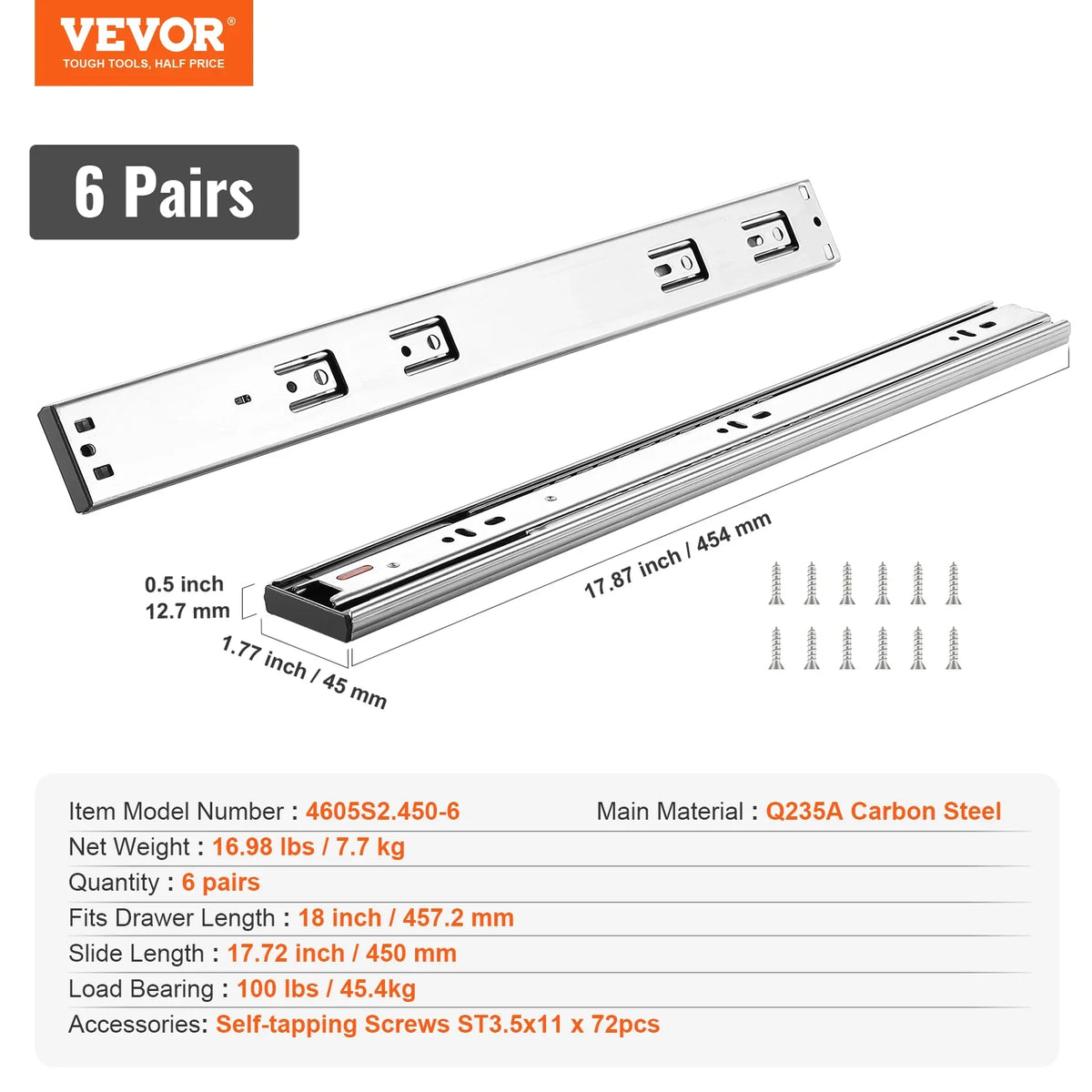 Drawer Slides Side Mount Rails Heavy Duty Full Extension Steel Track Noiseless Guide Glides Cabinet 100 Lbs Load Capacity