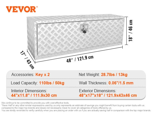 Pickup Storage Box, Heavy Duty Aluminum Diamond Plate Tool Box with Lock and Keys,  for Truck, Van, Trailer