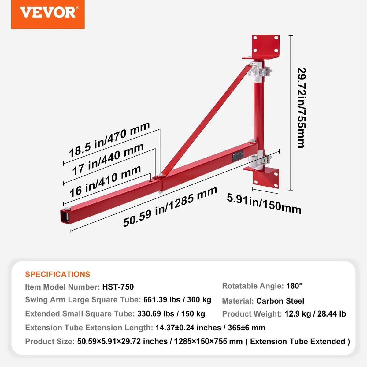 Electric Hoist Support Arm Swing Holder with Pole Steel Hoist Frame 180° Scaffold Winch Lifting Arm for Workshop Garage