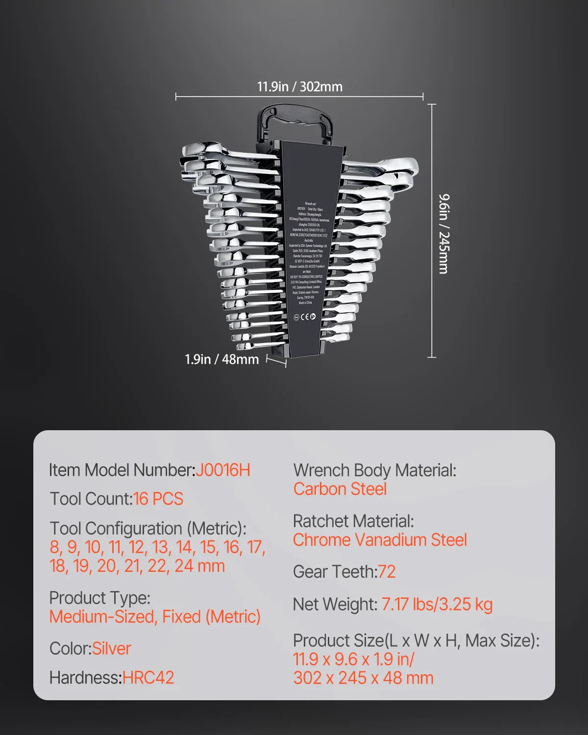 8/16PCs Combination Wrench Set Ratcheting Wrench Set Organizer Rack Cr-V Steel Wrench Set Metric  Ideal General Household