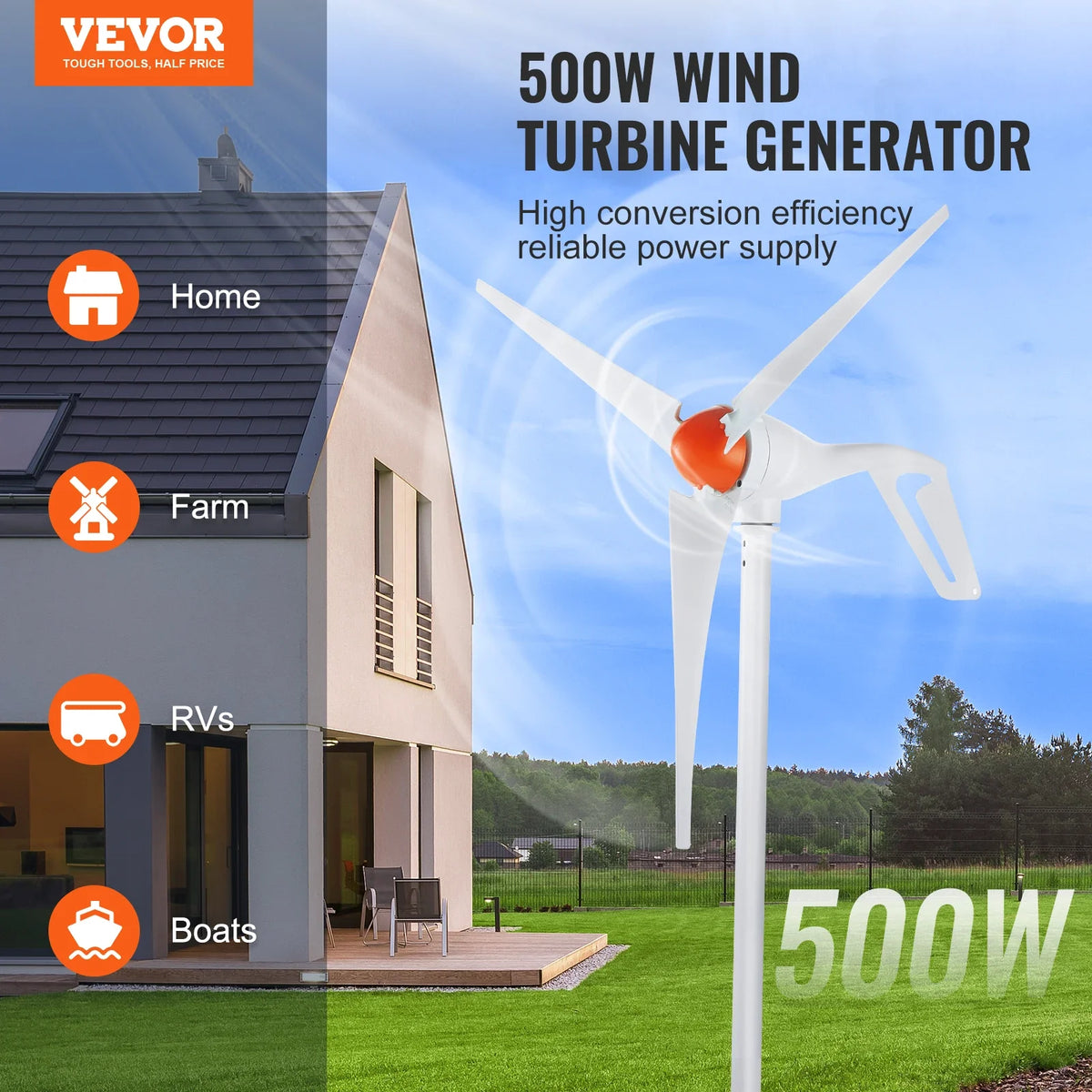 500W Wind Turbine Generator 24V Wind Turbine Kit 3-Blade Wind Power Generator with MPPT Controller 2.5m/s Start Wind Speed
