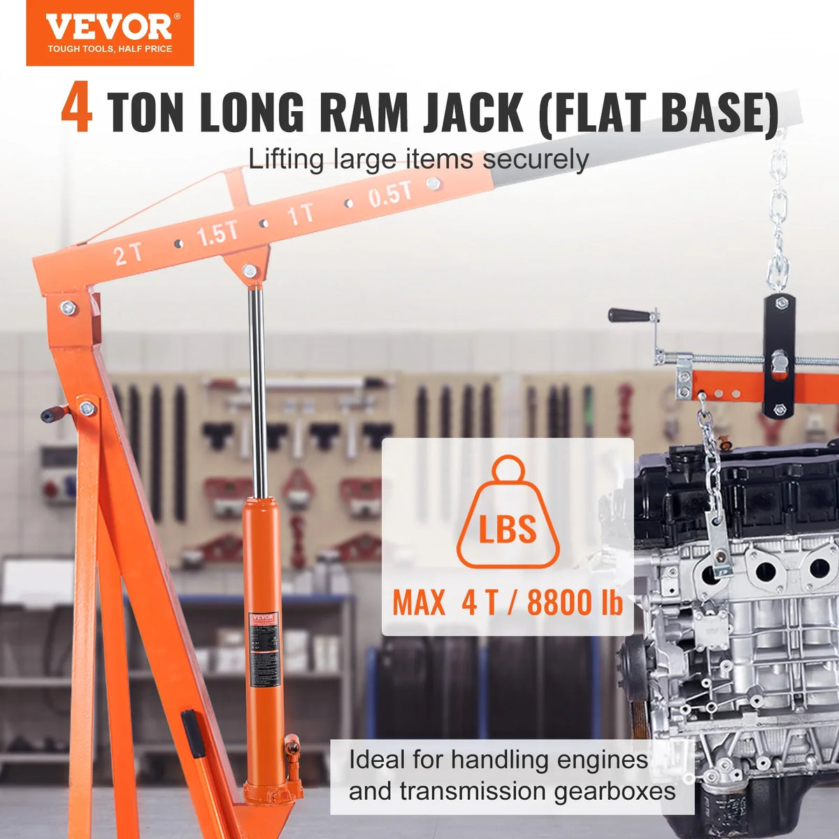Hydraulic Long Ram Jack 4 Ton Engine Hoist Cylinder with Single Piston Pump And Flat Base/Garage/Shop Cranes Mechanical