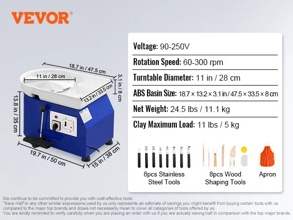 11in Pottery Wheel Ceramic Forming Machine Adjustable 60-300RPM Speed Handle and Foot Pedal Control ABS Detachable Basin