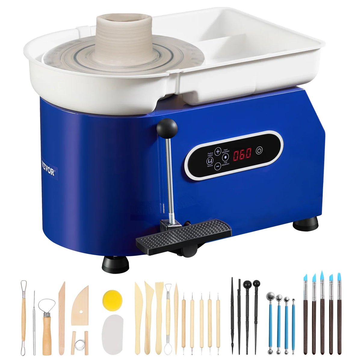 11in Pottery Wheel Ceramic Forming Machine Adjustable 60-300RPM Speed Handle and Foot Pedal Control ABS Detachable Basin