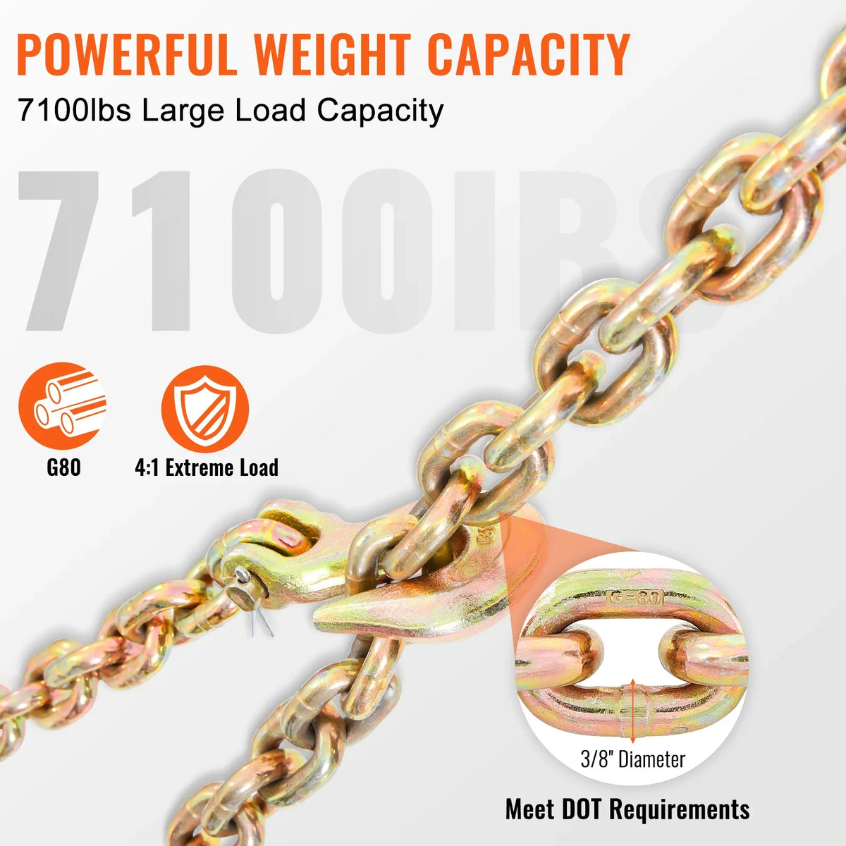 Transport Binder Chain, 4900/7100 lbs Working Load Limit, 3/8'' x 20' 5/16'' x 20' G80 Tow Chain Tie Down with Grab Hooks