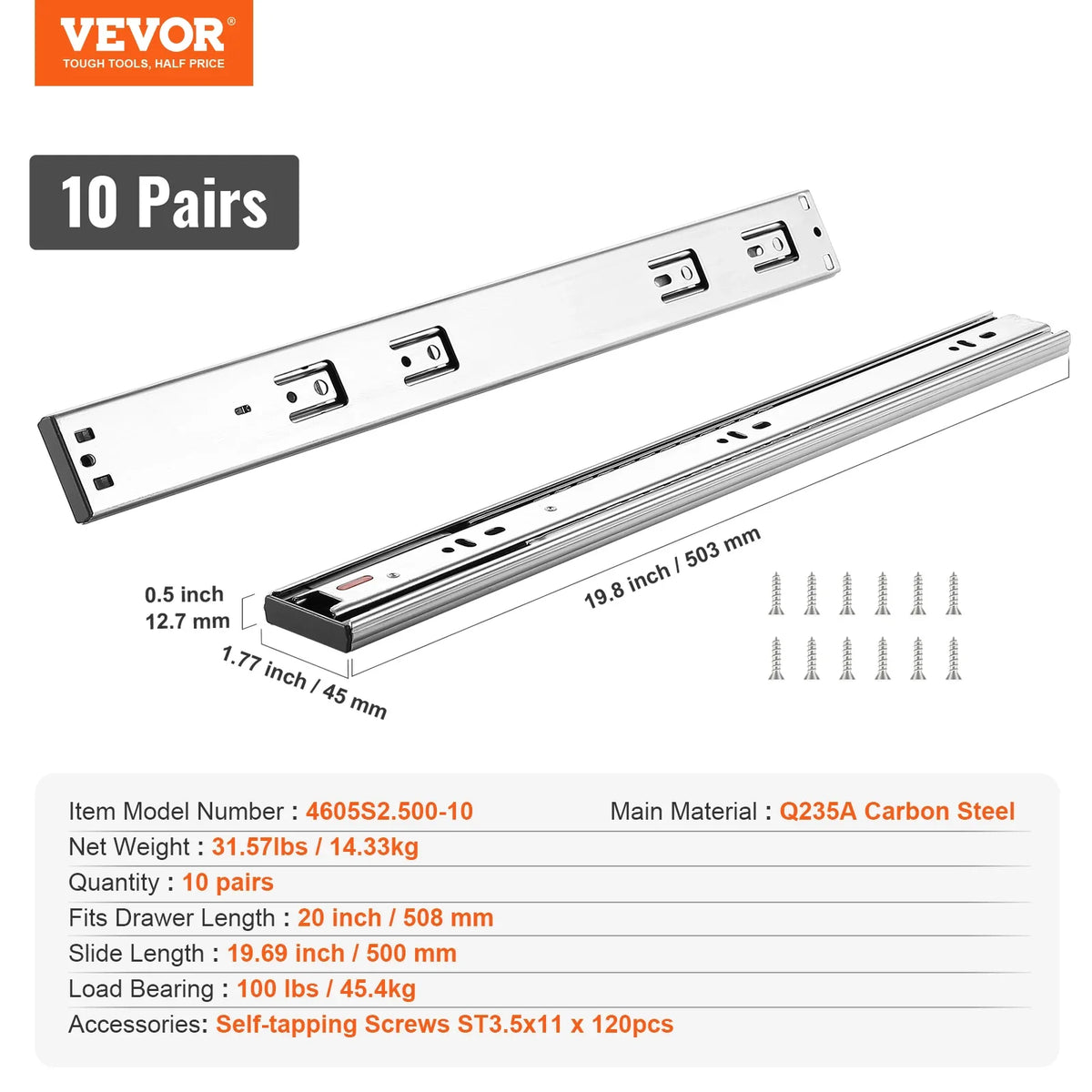 Drawer Slides Side Mount Rails Heavy Duty Full Extension Steel Track Noiseless Guide Glides Cabinet 100 Lbs Load Capacity