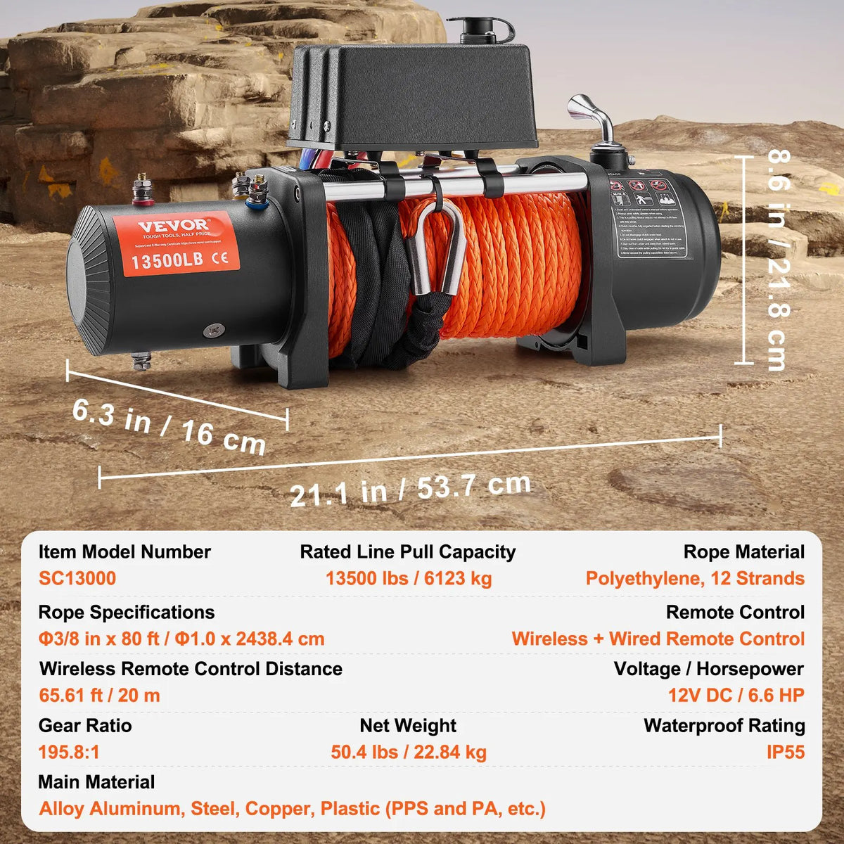 Electric Winch 13500lbs with 3/8in 80ft Synthetic Rope Wireless Truck Winch IP55 Waterproof for Towing Off-Road SUV Jeep