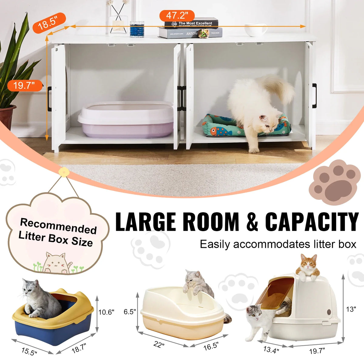 Cat Litter Box Enclosure for 2 Cats Litter Box Furniture Hidden Wooden Cat Box Cabinet Fit Most of Litter Box White 19.4kg