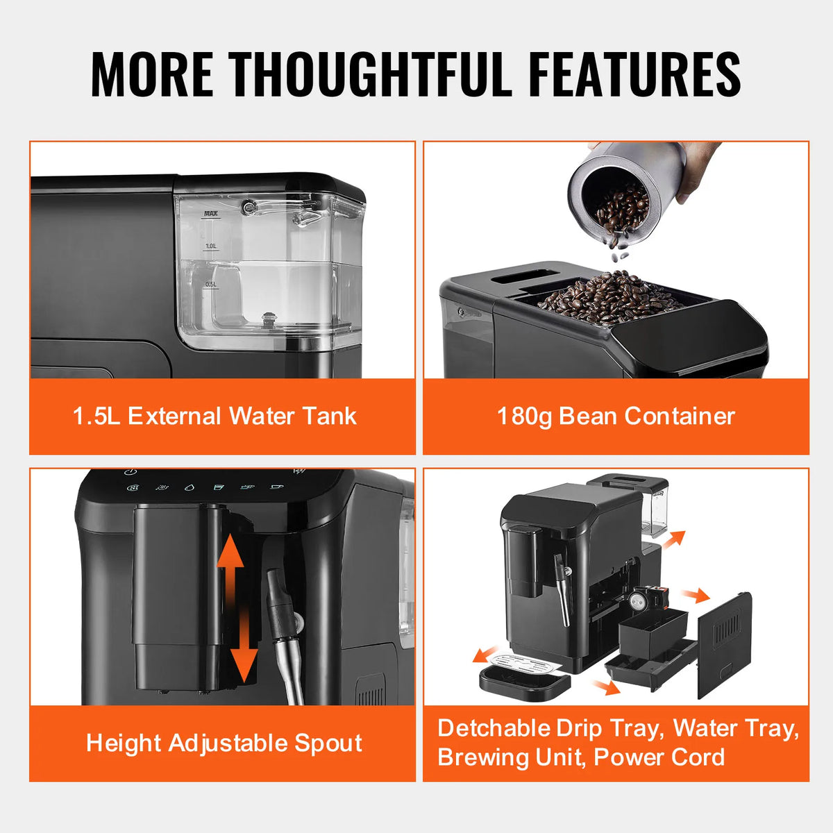 Automatic Espresso Machine,20 Bar Auto Coffee Machine w/Frother Steam Wand,Built-In Grinder and 15-Level Grinding Settings