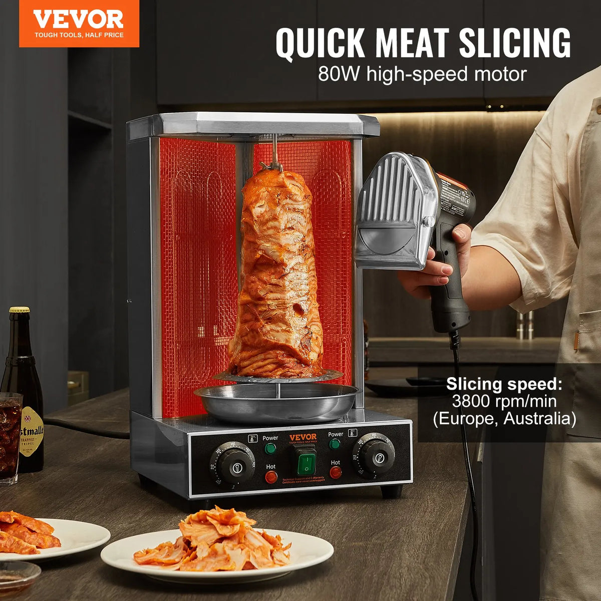 80W  Wired Electric Shawarma Knife Turkish Doner Kebab Meat Gyro Cutter with 2 Blades Commercial Barbecue Knife