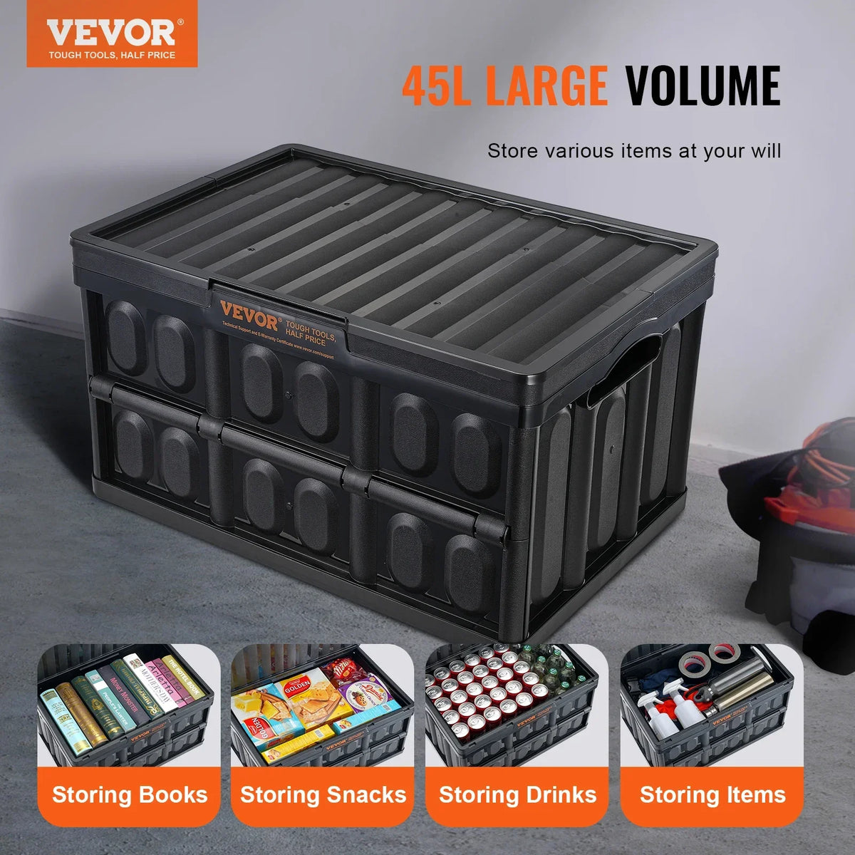 45L/65L Collapsible Storage Bins Folding Stackable Utility Garage Crates with Lids Handles for Clothes Snack Toys Grocery