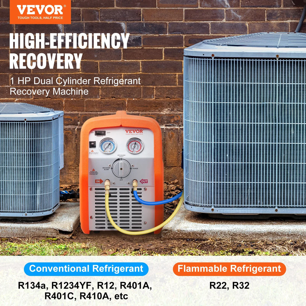 1HP Refrigerant Recovery Machine Dual Cylinder Portable with High Pressure Protection for Refrigerant Car Air Conditioning