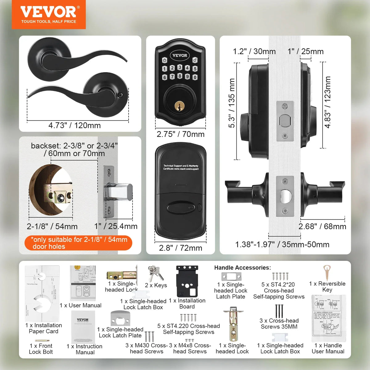 Keyless Entry Door Lock Password and Key Unlock Combination Door Lock Electronic Keypad Entry Lever Auto-Locking Keypad